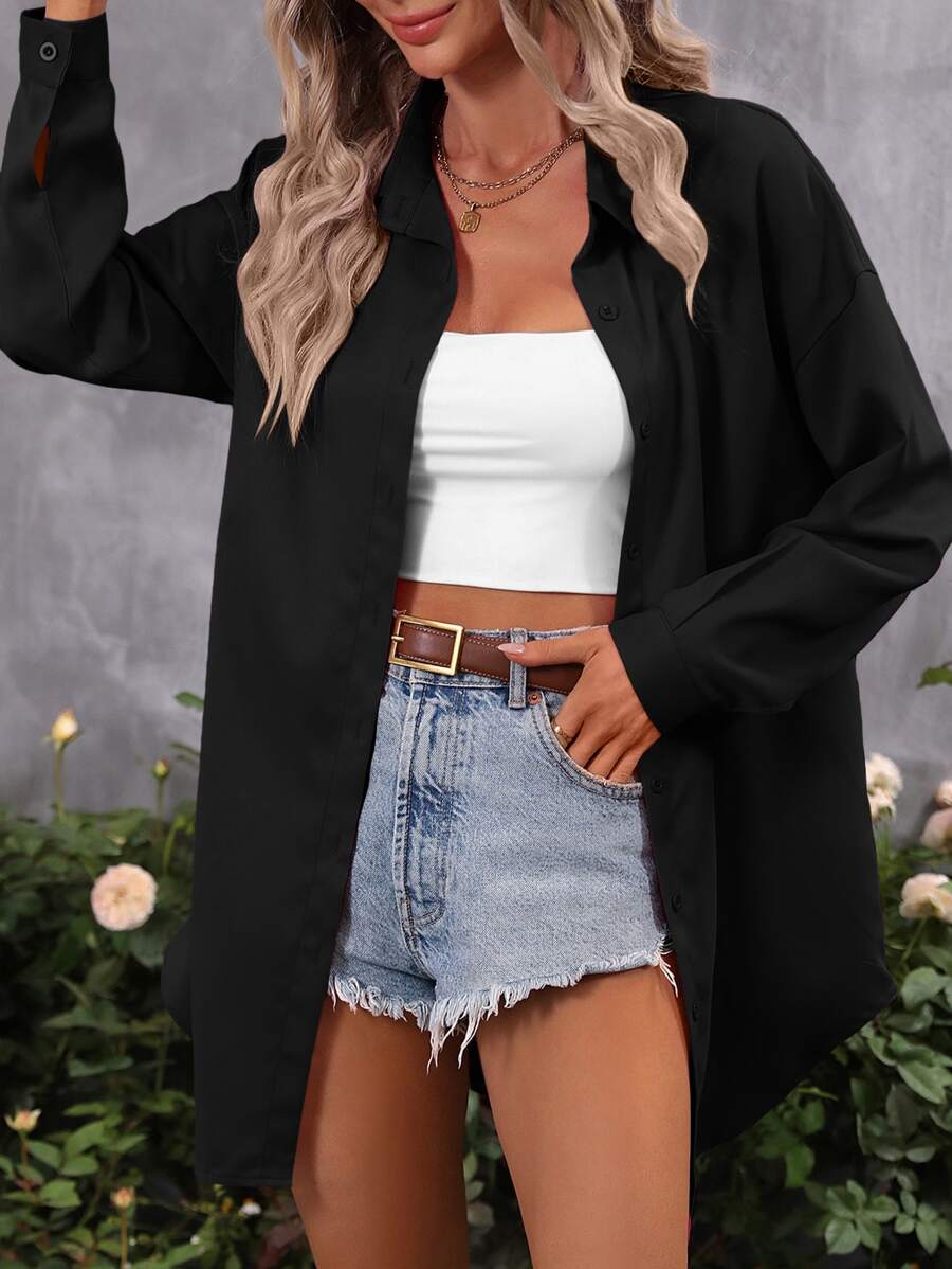 SHEIN LUNE Camisa de hombros caídos con botón delantero - Negro - Ver 1