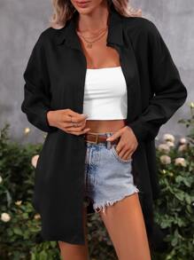 SHEIN LUNE Camisa de hombros caídos con botón delantero - Negro - Ver 3