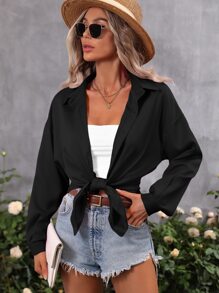 SHEIN LUNE Camisa de hombros caídos con botón delantero - Negro - Ver 5