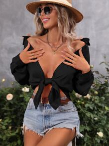 SHEIN LUNE Camisa de hombros caídos con botón delantero - Negro - Ver 6