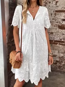 SHEIN VCAY Solid Color Sleeveless Dress With Shell Hemline, Hollow Out Detail And Lace-Up Neckline For Summer Casual Dress - White - View 1