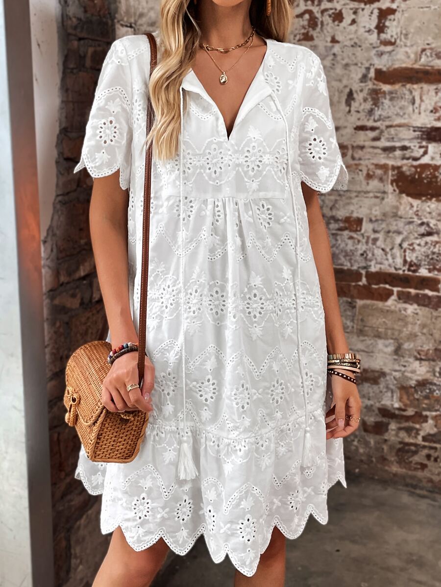 SHEIN VCAY Solid Color Sleeveless Dress With Shell Hemline, Hollow Out Detail And Lace-Up Neckline For Summer Casual Dress - White - View 1