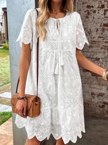 SHEIN VCAY Solid Color Sleeveless Dress With Shell Hemline, Hollow Out Detail And Lace-Up Neckline For Summer Casual Dress - White - View 3