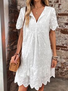 SHEIN VCAY Solid Color Sleeveless Dress With Shell Hemline, Hollow Out Detail And Lace-Up Neckline For Summer Casual Dress - White - View 4