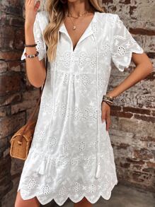 SHEIN VCAY Solid Color Sleeveless Dress With Shell Hemline, Hollow Out Detail And Lace-Up Neckline For Summer Casual Dress - White - View 5