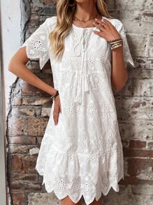 SHEIN VCAY Solid Color Sleeveless Dress With Shell Hemline, Hollow Out Detail And Lace-Up Neckline For Summer Casual Dress - White - View 6