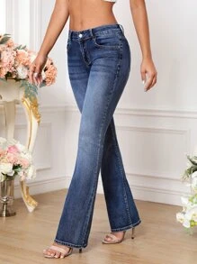 SHEIN Tall 斜口袋牛仔喇叭褲 - 深色水洗藍 - 查看 1