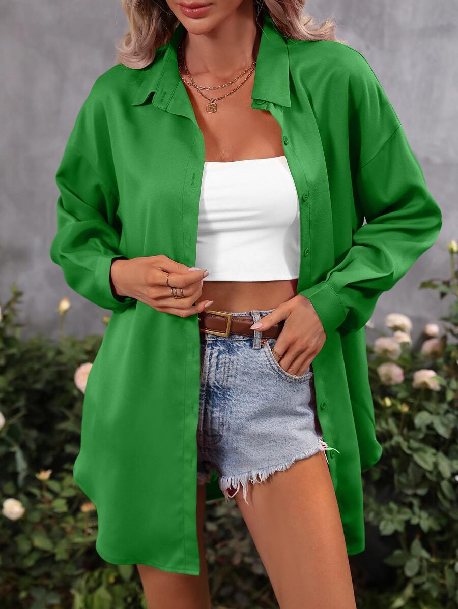 SHEIN LUNE Áo sơ mi nữ Nút phía trước màu trơn Giải trí - màu xanh lá - Xem 1