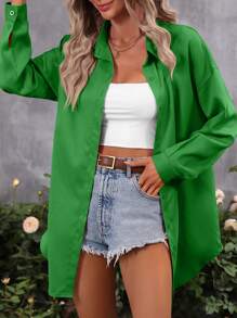 SHEIN LUNE Áo sơ mi nữ Nút phía trước màu trơn Giải trí - màu xanh lá - Xem 4