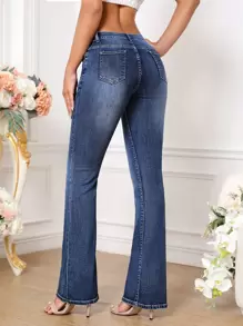 SHEIN Tall 斜口袋牛仔喇叭褲 - 深色水洗藍 - 查看 2