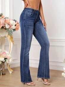 SHEIN Tall 斜口袋牛仔喇叭褲 - 深色水洗藍 - 查看 4