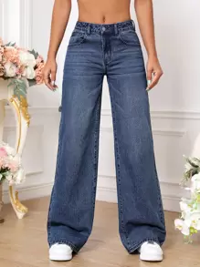 SHEIN Tall Slant Pocket Wide Leg Jeans - Dark Wash - View 1