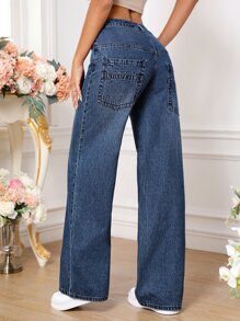 SHEIN Tall Slant Pocket Wide Leg Jeans - Dark Wash - View 2