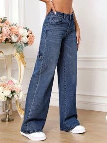 SHEIN Tall Slant Pocket Wide Leg Jeans - Dark Wash - View 3