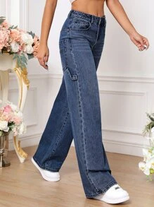 SHEIN Tall Slant Pocket Wide Leg Jeans - Dark Wash - View 5