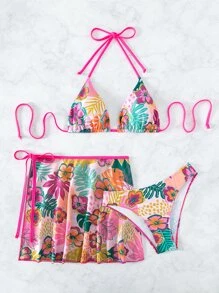 Tropical Print Halter Triangle Summer Beach Bikini Set With Beach Skirt - Multicolor - View 5
