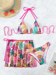 Tropical Print Halter Triangle Summer Beach Bikini Set With Beach Skirt - Multicolor - View 6