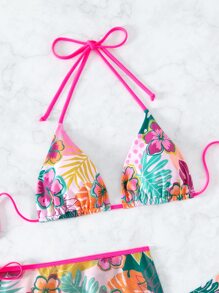 Tropical Print Halter Triangle Summer Beach Bikini Set With Beach Skirt - Multicolor - View 4
