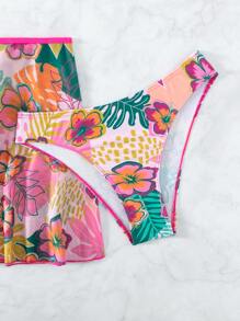 Tropical Print Halter Triangle Summer Beach Bikini Set With Beach Skirt - Multicolor - View 3