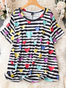 SHEIN LUNE Plus Striped & Heart Print Tee - Multicolor - View 1