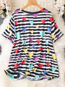 SHEIN LUNE Plus Striped & Heart Print Tee - Multicolor - View 2