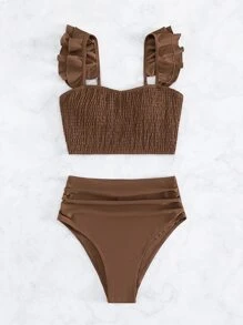 SHEIN Swim Summer Beach Solid Tankini Set Ruffle Trim Smocked Tank Top & Ruched Tummy Control Panty 2 Piece Bathing Suit - Coffee Brown - View 5