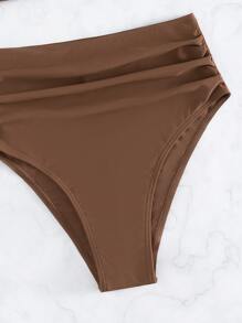 SHEIN Swim Summer Beach Solid Tankini Set Ruffle Trim Smocked Tank Top & Ruched Tummy Control Panty 2 Piece Bathing Suit - Coffee Brown - View 3