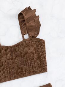 SHEIN Swim Summer Beach Solid Tankini Set Ruffle Trim Smocked Tank Top & Ruched Tummy Control Panty 2 Piece Bathing Suit - Coffee Brown - View 4