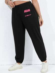 Flirla Plus Letter Graphic Elastic Waist Joggers - Black - View 1