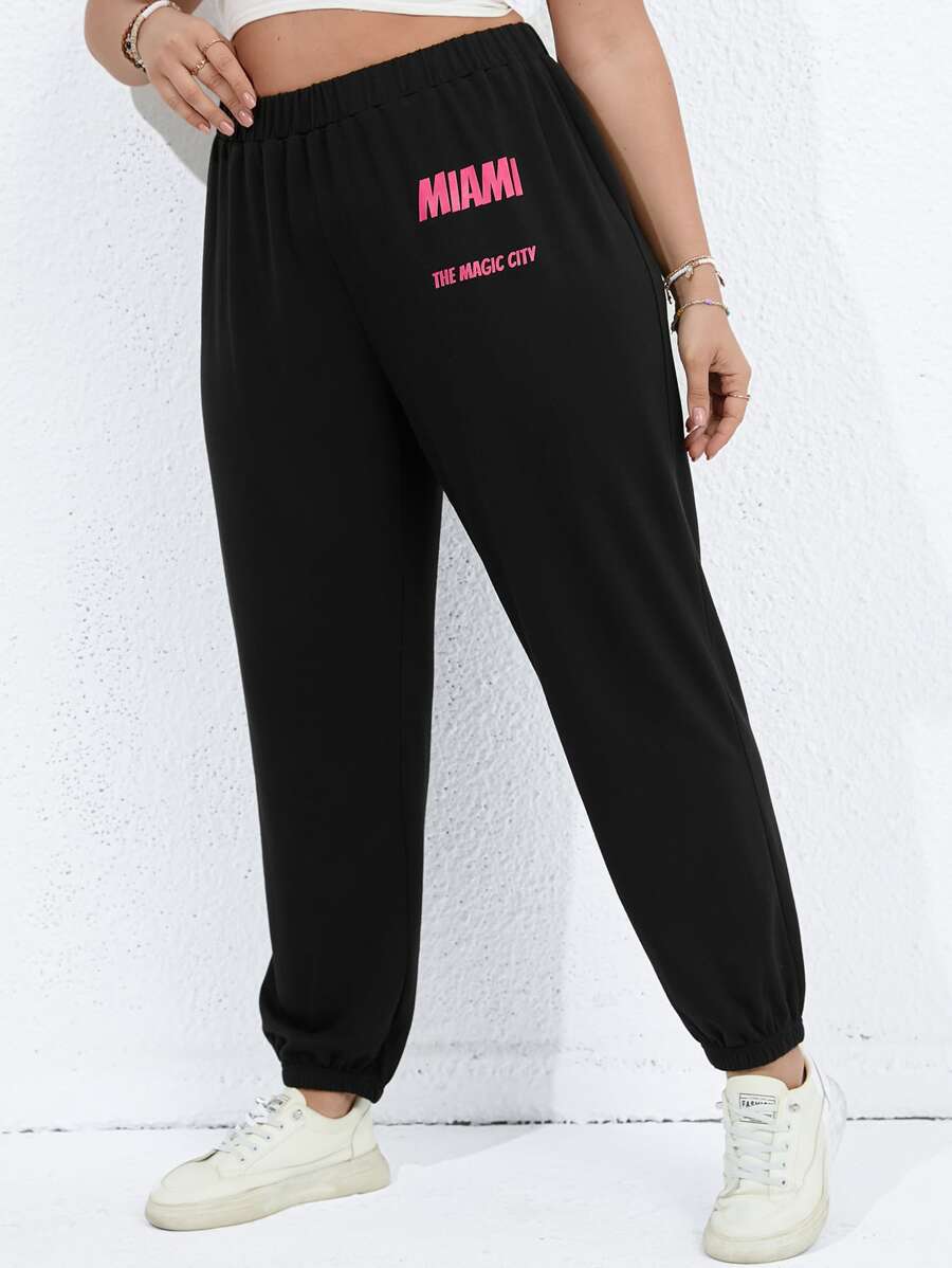 Flirla Plus Letter Graphic Elastic Waist Joggers - Black - View 1