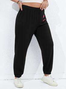 Flirla Plus Letter Graphic Elastic Waist Joggers - Black - View 5