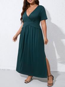 SHEIN Belle Plus Solid Split Thigh Surplice Neck Dress - Teal Blue - View 5