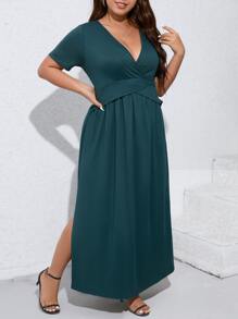 SHEIN Belle Plus Solid Split Thigh Surplice Neck Dress - Teal Blue - View 3
