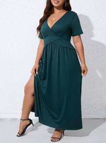 SHEIN Belle Plus Solid Split Thigh Surplice Neck Dress - Teal Blue - View 4