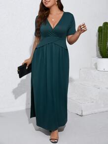 SHEIN Belle Plus Solid Split Thigh Surplice Neck Dress - Teal Blue - View 6