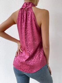 SHEIN Privé 豹紋提花鏤空緞面襯衫 - 玫紅色 - 查看 2