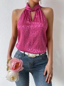 SHEIN Privé 豹紋提花鏤空緞面襯衫 - 玫紅色 - 查看 5