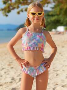 Conjunto de bikini con volantes en el bajo efecto teñido anudado para niña preadolescente, playa de verano - Multicolor - Ver 1