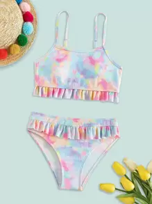 Conjunto de bikini con volantes en el bajo efecto teñido anudado para niña preadolescente, playa de verano - Multicolor - Ver 7