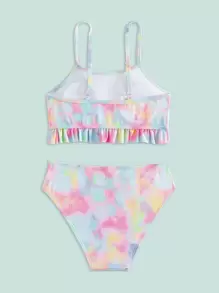 Conjunto de bikini con volantes en el bajo efecto teñido anudado para niña preadolescente, playa de verano - Multicolor - Ver 8