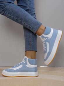 歐美風格時尚舒適女式高幫運動鞋，適用於戶外跑步和休閒運動鞋 - 藍白色 - 查看 4