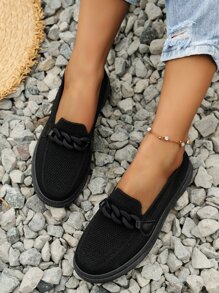 女士鏈條裝飾休閒鞋運動織物一腳蹬鞋 - 黑色 - 查看 1
