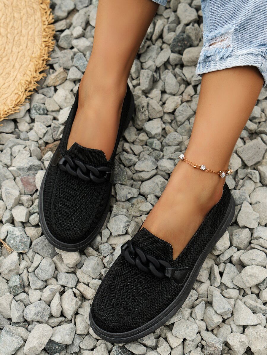 女士鏈條裝飾休閒鞋運動織物一腳蹬鞋 - 黑色 - 查看 1