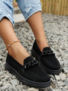 女士鏈條裝飾休閒鞋運動織物一腳蹬鞋 - 黑色 - 查看 2