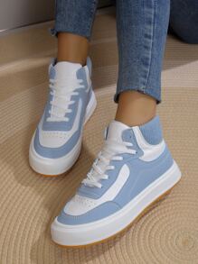 歐美風格時尚舒適女式高幫運動鞋，適用於戶外跑步和休閒運動鞋 - 藍白色 - 查看 8