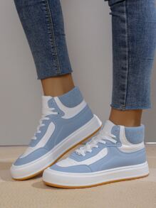 歐美風格時尚舒適女式高幫運動鞋，適用於戶外跑步和休閒運動鞋 - 藍白色 - 查看 9