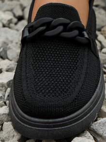 女士鏈條裝飾休閒鞋運動織物一腳蹬鞋 - 黑色 - 查看 4