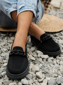 女士鏈條裝飾休閒鞋運動織物一腳蹬鞋 - 黑色 - 查看 6