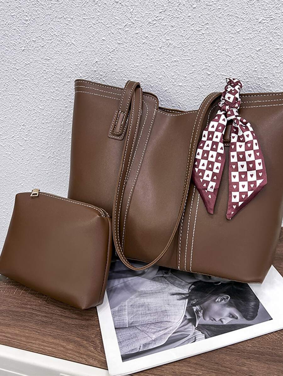 Skinny Scarf Decor Shoulder Tote Bag With Inner Pouch