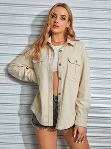SHEIN EZwear Flap Pocket Drop Shoulder Denim Jacket - Khaki - View 1